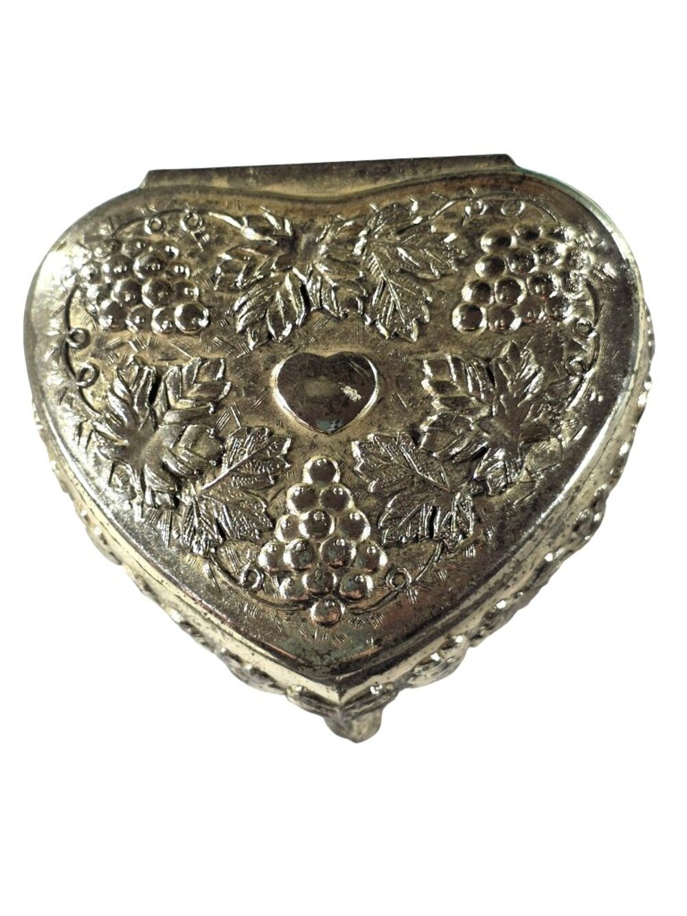 Vtg Heart Silver-Tone Trinket Box Velvet Lining Floral Grape Motif Made In Japan